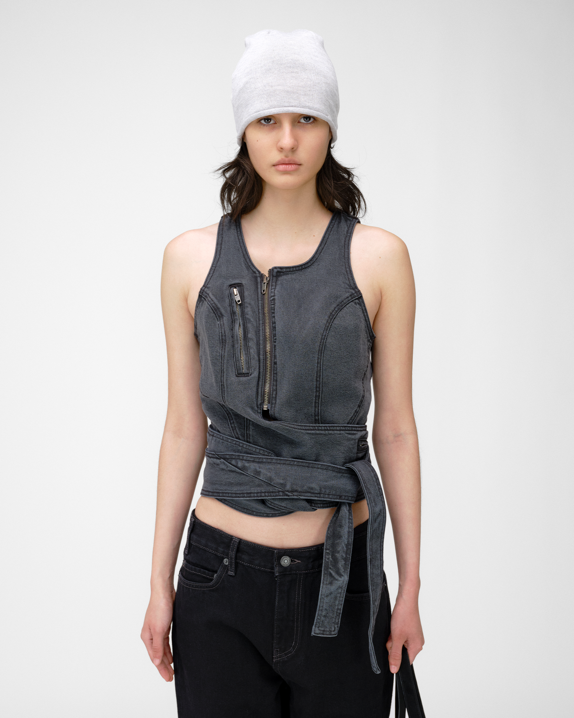 DRAPERY WAIST DENIM TOP