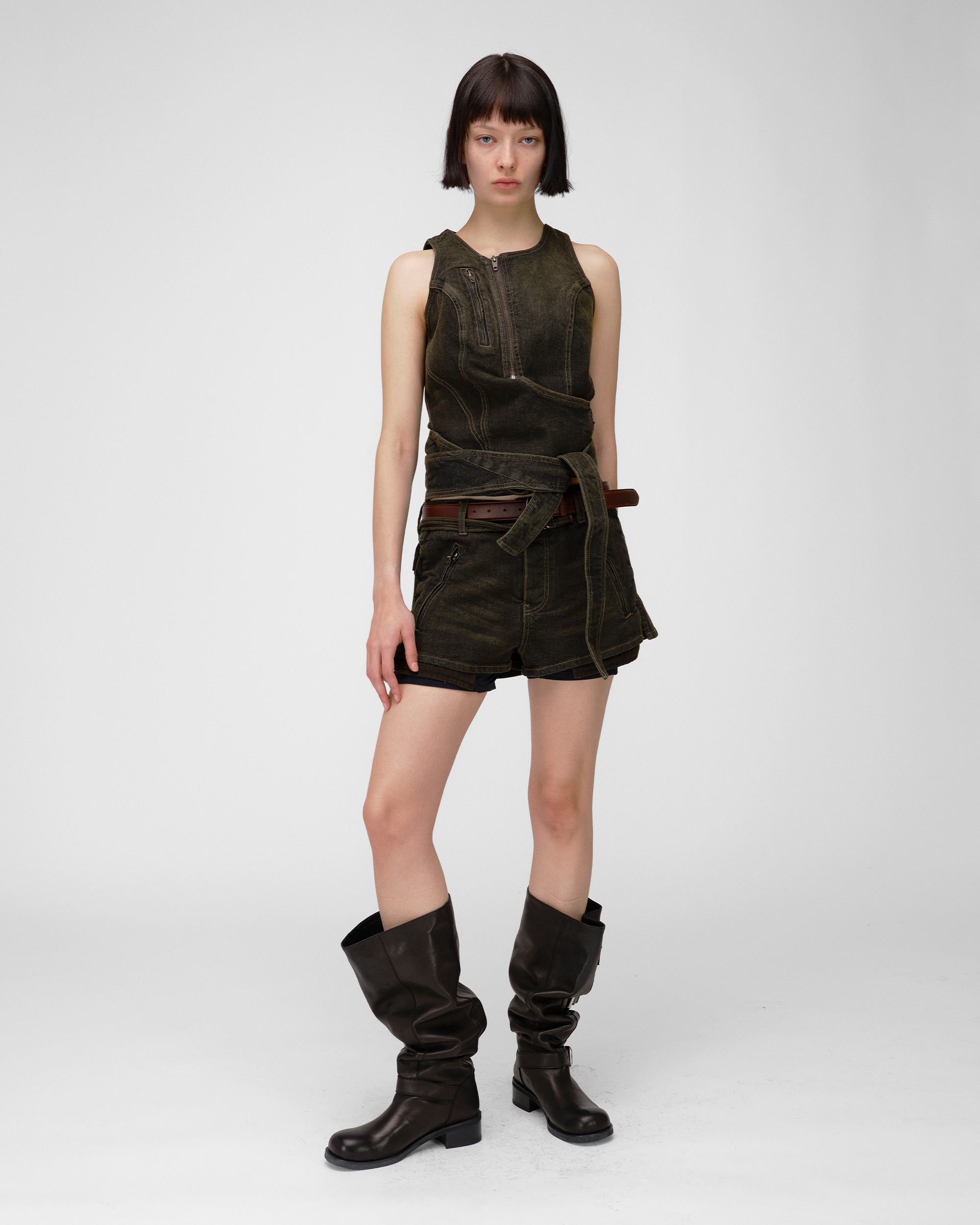 DRAPERY WAIST DENIM TOP