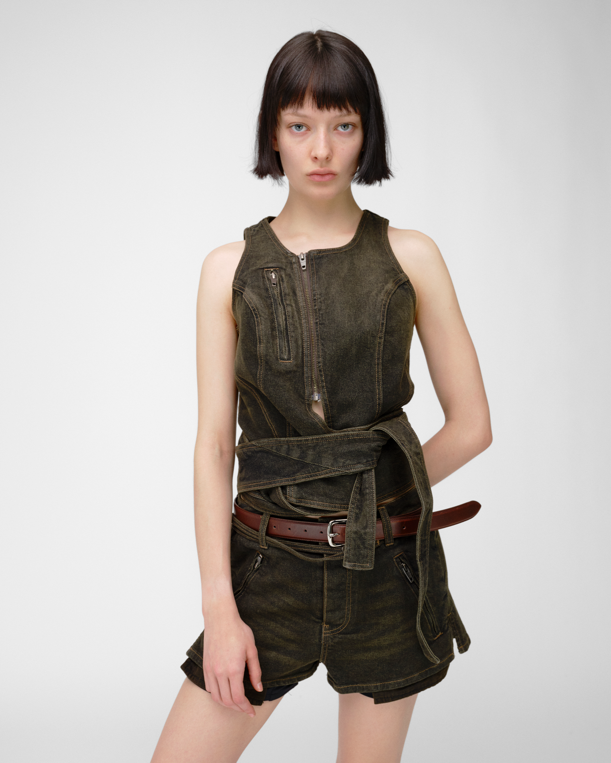 DRAPERY WAIST DENIM TOP